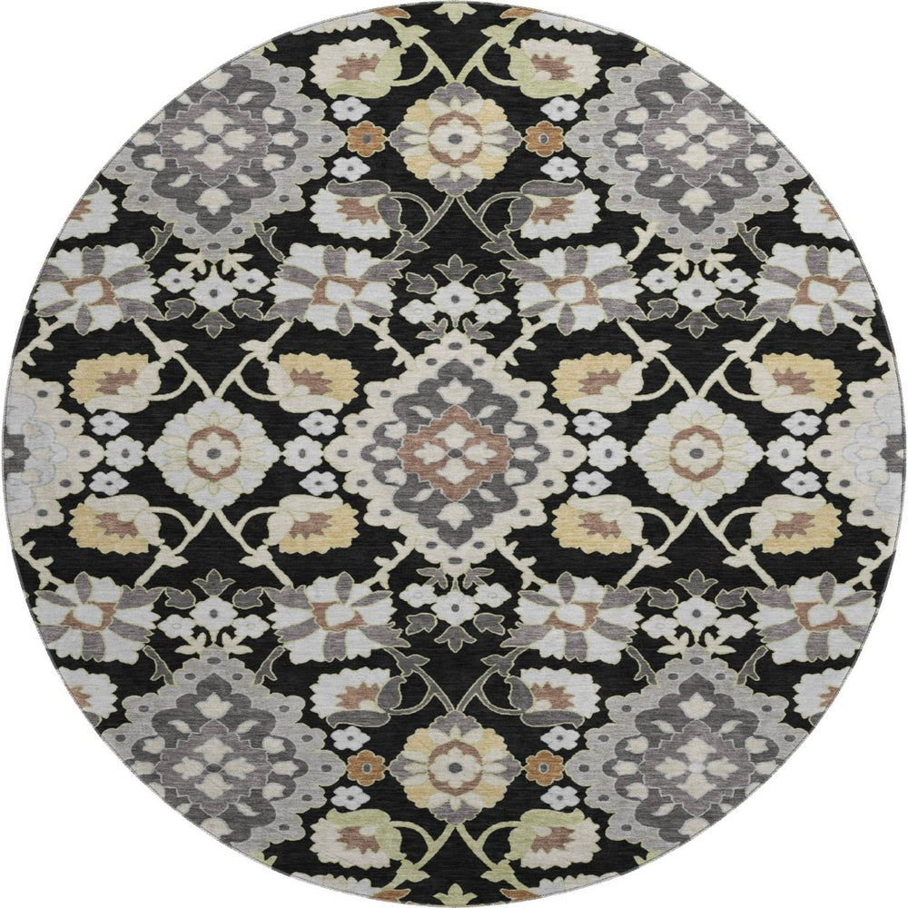 HomeRoots 8' Elegant Black Gold and Gray Washable Round Rug - UV Protected, Stain Resistant, Timeless Design 678823