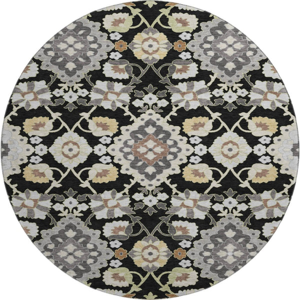 HomeRoots 8' Elegant Black Gold and Gray Washable Round Rug - UV Protected, Stain Resistant, Timeless Design 678823