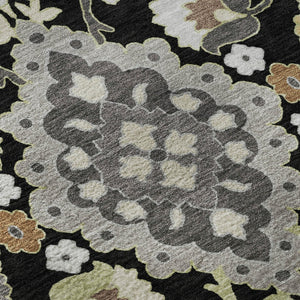 HomeRoots 8' Elegant Black Gold and Gray Washable Round Rug - UV Protected, Stain Resistant, Timeless Design 678823