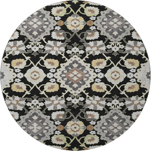 HomeRoots 8' Elegant Black Gold and Gray Washable Round Rug - UV Protected, Stain Resistant, Timeless Design 678823