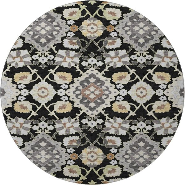 HomeRoots 8' Elegant Black Gold and Gray Washable Round Rug - UV Protected, Stain Resistant, Timeless Design 678823