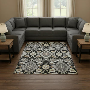 HomeRoots 8' X 10' Elegant Black Gold Gray Oriental Washable Area Rug with UV Protection for Homes & Offices 678824