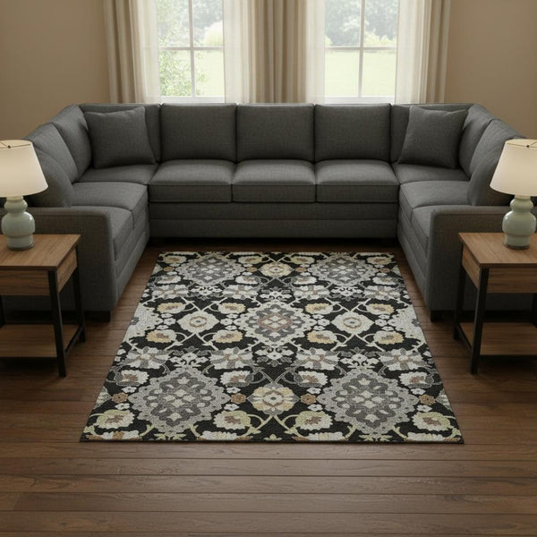HomeRoots 8' X 10' Elegant Black Gold Gray Oriental Washable Area Rug with UV Protection for Homes & Offices 678824