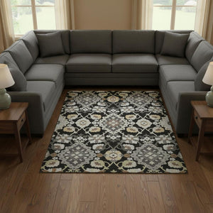 HomeRoots 9' X 12' Luxurious Black Gold and Gray Oriental Washable Area Rug with Stain & UV Protection 678825