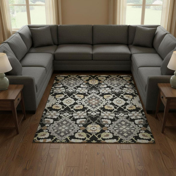 HomeRoots 9' X 12' Luxurious Black Gold and Gray Oriental Washable Area Rug with Stain & UV Protection 678825