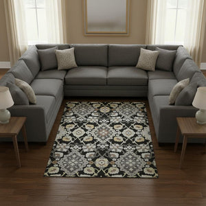 HomeRoots 10' Black Gold and Gray Oriental Washable Area Rug - Durable, UV-Protected, Stain-Resistant Design! 678826