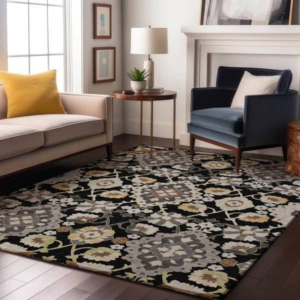 HomeRoots 10' Black Gold and Gray Oriental Washable Area Rug - Durable, UV-Protected, Stain-Resistant Design! 678826