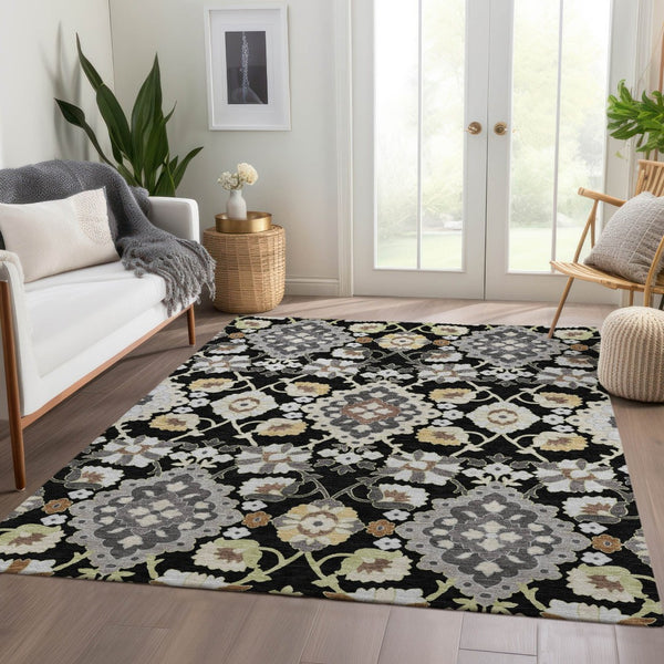 HomeRoots 10' Black Gold and Gray Oriental Washable Area Rug - Durable, UV-Protected, Stain-Resistant Design! 678826