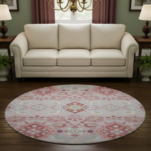 HomeRoots 8' Blush Purple & Ivory Oriental Round Rug - Durable, Washable, UV-Protected for High-Traffic Areas 678829