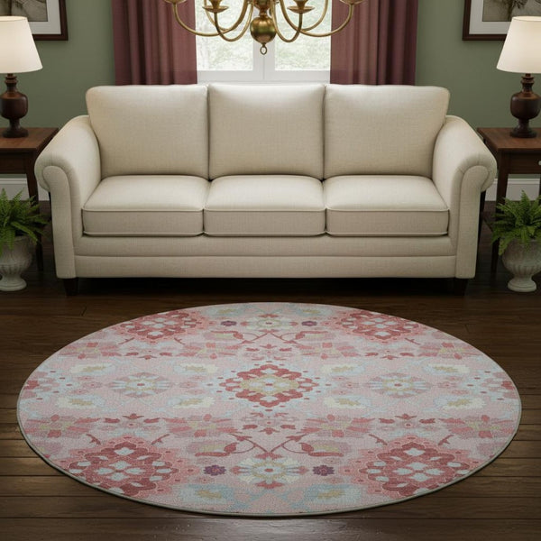 HomeRoots 8' Blush Purple & Ivory Oriental Round Rug - Durable, Washable, UV-Protected for High-Traffic Areas 678829