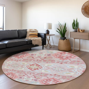 HomeRoots 8' Blush Purple & Ivory Oriental Round Rug - Durable, Washable, UV-Protected for High-Traffic Areas 678829