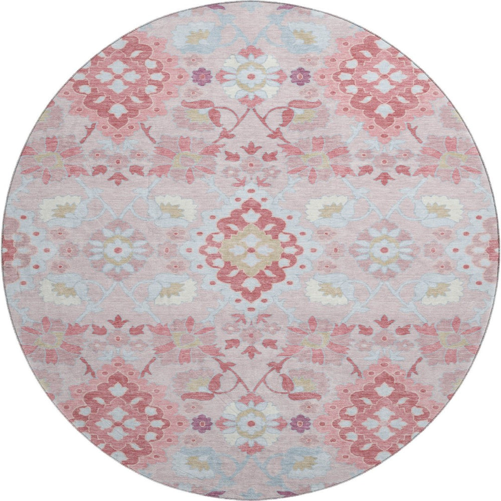HomeRoots 8' Blush Purple & Ivory Oriental Round Rug - Durable, Washable, UV-Protected for High-Traffic Areas 678829