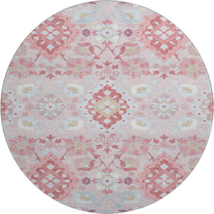 HomeRoots 8' Blush Purple & Ivory Oriental Round Rug - Durable, Washable, UV-Protected for High-Traffic Areas 678829