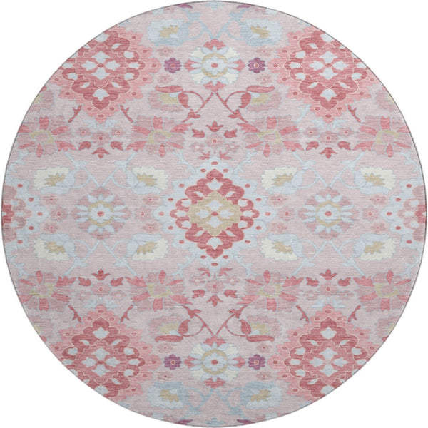 HomeRoots 8' Blush Purple & Ivory Oriental Round Rug - Durable, Washable, UV-Protected for High-Traffic Areas 678829