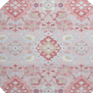 HomeRoots 8' Blush Purple & Ivory Oriental Round Rug - Durable, Washable, UV-Protected for High-Traffic Areas 678829