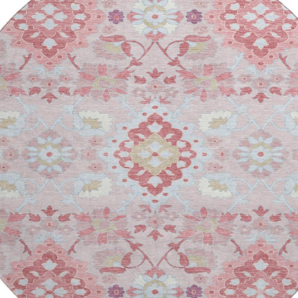 HomeRoots 8' Blush Purple & Ivory Oriental Round Rug - Durable, Washable, UV-Protected for High-Traffic Areas 678829