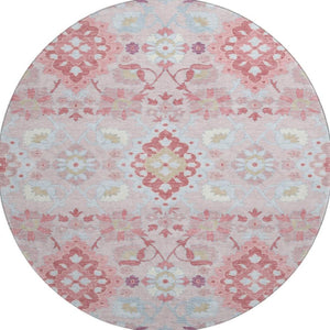 HomeRoots 8' Blush Purple & Ivory Oriental Round Rug - Durable, Washable, UV-Protected for High-Traffic Areas 678829