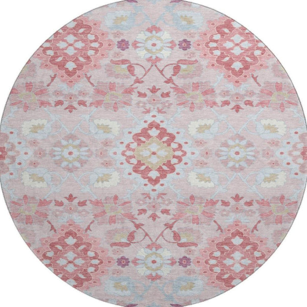 HomeRoots 8' Blush Purple & Ivory Oriental Round Rug - Durable, Washable, UV-Protected for High-Traffic Areas 678829
