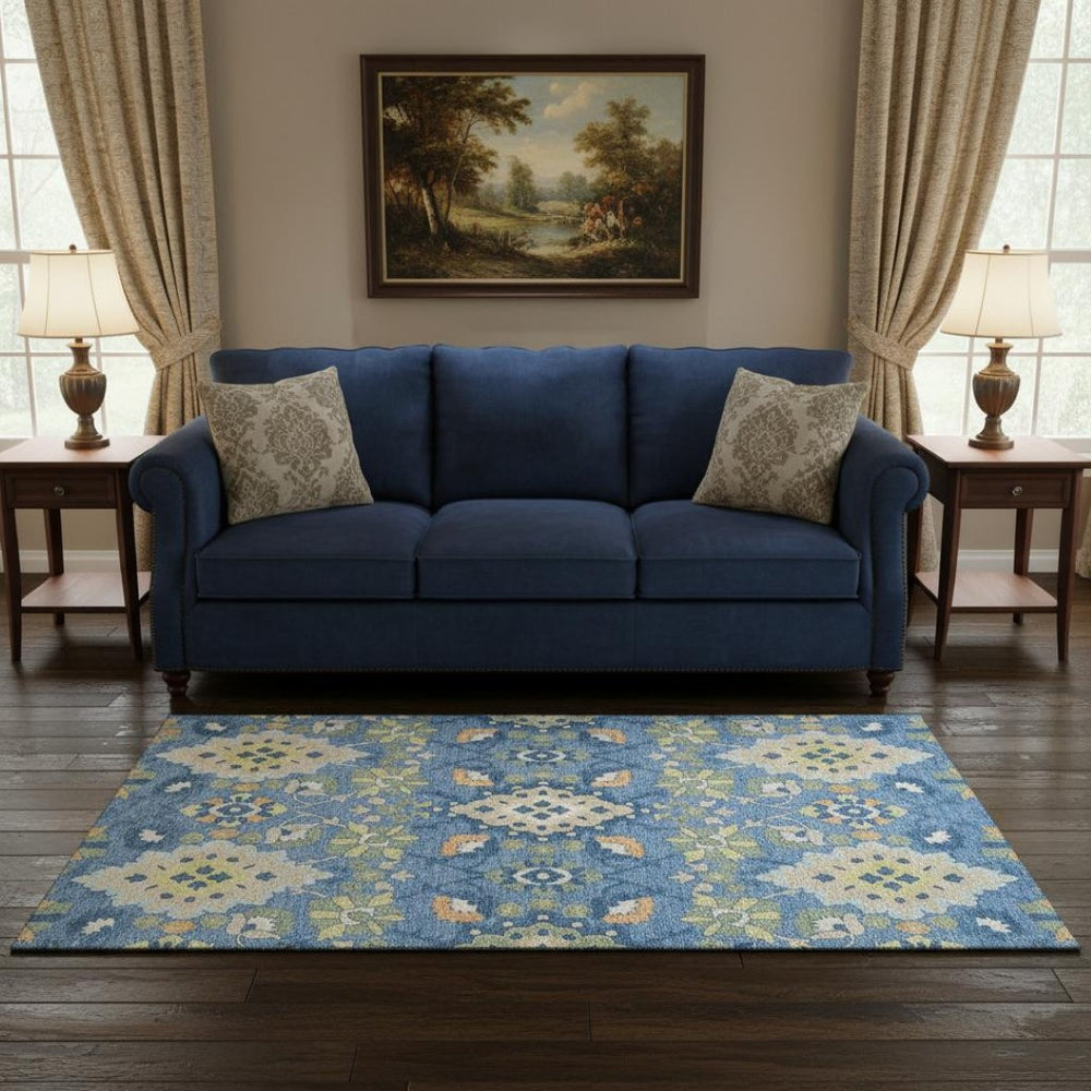 HomeRoots 5' X 8' Blue Peach Fern Green Oriental Area Rug - Washable, UV Protected, Durable & Stylish Design 678834