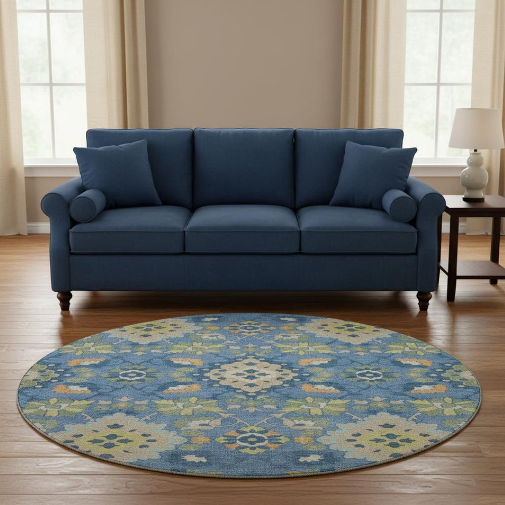 HomeRoots 8' Washable Round Rug in Blue Peach & Fern Green - Elegant Oriental Design with UV Protection & Stain Resistance 678835