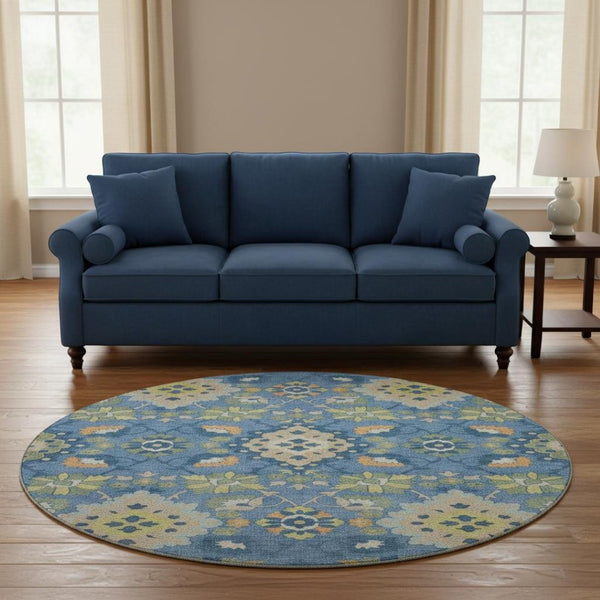 HomeRoots 8' Washable Round Rug in Blue Peach & Fern Green - Elegant Oriental Design with UV Protection & Stain Resistance 678835