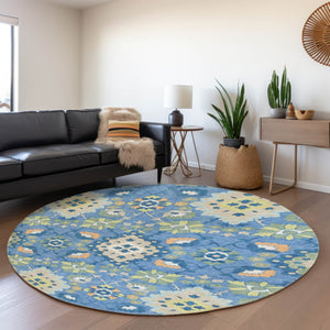 HomeRoots 8' Washable Round Rug in Blue Peach & Fern Green - Elegant Oriental Design with UV Protection & Stain Resistance 678835