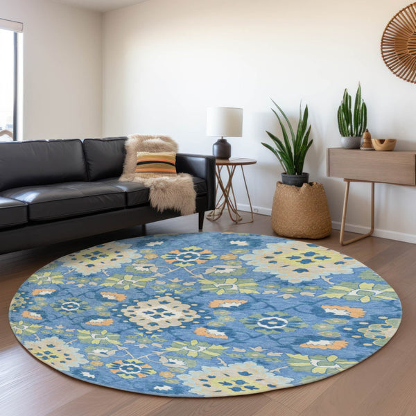 HomeRoots 8' Washable Round Rug in Blue Peach & Fern Green - Elegant Oriental Design with UV Protection & Stain Resistance 678835
