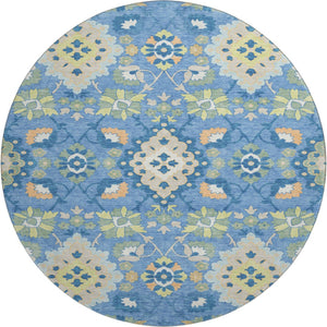HomeRoots 8' Washable Round Rug in Blue Peach & Fern Green - Elegant Oriental Design with UV Protection & Stain Resistance 678835