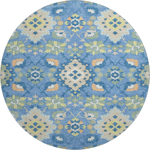 HomeRoots 8' Washable Round Rug in Blue Peach & Fern Green - Elegant Oriental Design with UV Protection & Stain Resistance 678835
