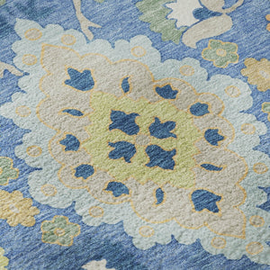 HomeRoots 8' Washable Round Rug in Blue Peach & Fern Green - Elegant Oriental Design with UV Protection & Stain Resistance 678835