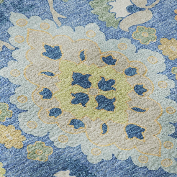 HomeRoots 8' Washable Round Rug in Blue Peach & Fern Green - Elegant Oriental Design with UV Protection & Stain Resistance 678835