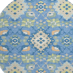 HomeRoots 8' Washable Round Rug in Blue Peach & Fern Green - Elegant Oriental Design with UV Protection & Stain Resistance 678835