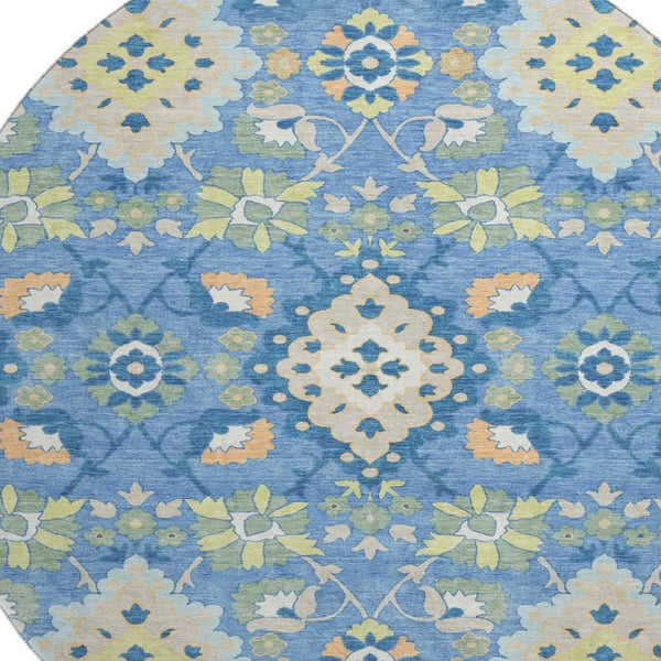 HomeRoots 8' Washable Round Rug in Blue Peach & Fern Green - Elegant Oriental Design with UV Protection & Stain Resistance 678835
