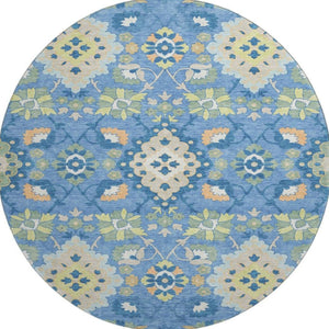 HomeRoots 8' Washable Round Rug in Blue Peach & Fern Green - Elegant Oriental Design with UV Protection & Stain Resistance 678835