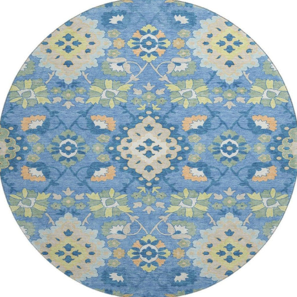 HomeRoots 8' Washable Round Rug in Blue Peach & Fern Green - Elegant Oriental Design with UV Protection & Stain Resistance 678835