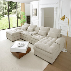 English Elm 130" U-shaped Sectional Sofa Six Seat Linen Upholstered with Built-in Console and Chaise Beige W1117S00271
