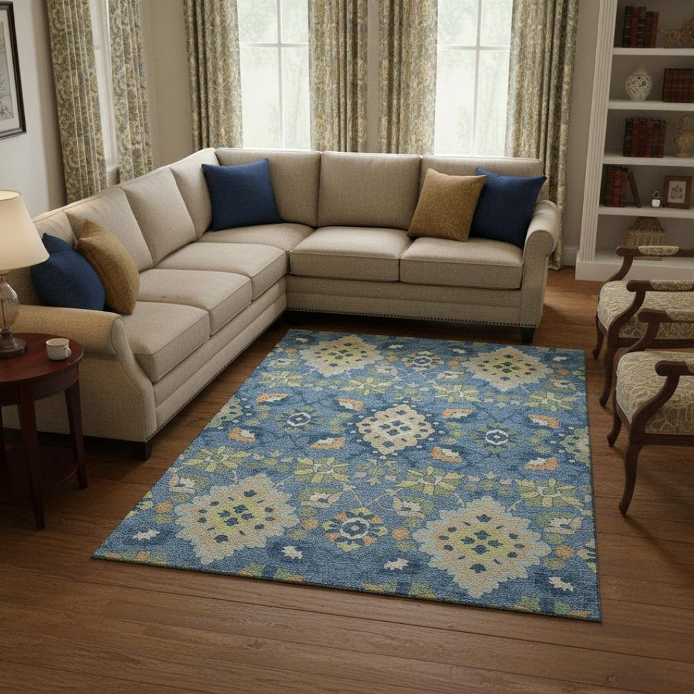 HomeRoots 8' X 10' Elegant Blue, Peach & Fern Green Oriental Washable Area Rug with UV & Stain Resistance 678836