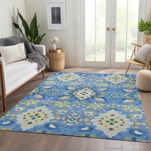 HomeRoots 8' X 10' Elegant Blue, Peach & Fern Green Oriental Washable Area Rug with UV & Stain Resistance 678836