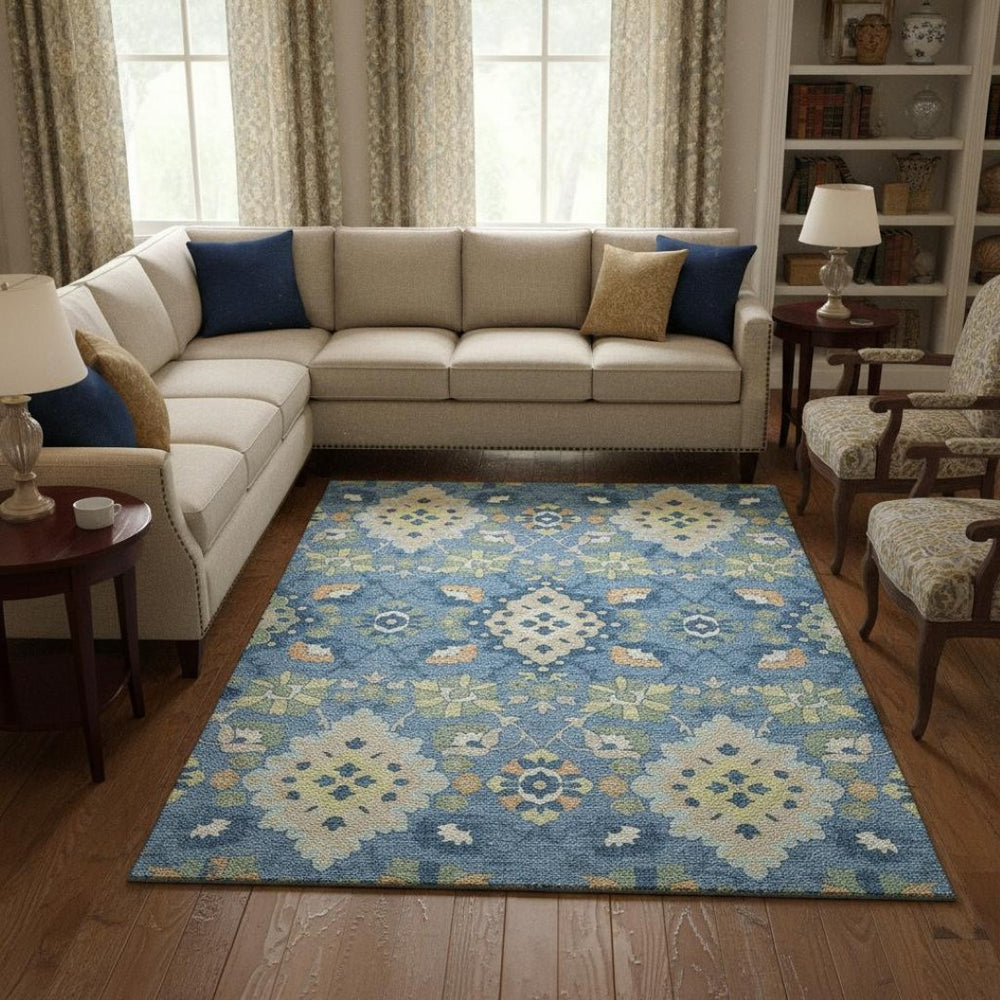 HomeRoots 9' X 12' Washable Blue Peach Fern Green Oriental Area Rug with UV Protection for Stylish Elegance 678837