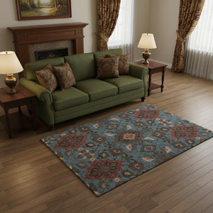 HomeRoots 5' X 8' Washable Denim Blue, Red & Salmon Oriental Area Rug - UV Protection & Stain Resistant Design! 678840