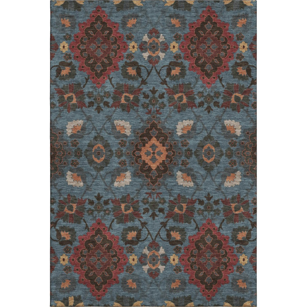 HomeRoots 5' X 8' Washable Denim Blue, Red & Salmon Oriental Area Rug - UV Protection & Stain Resistant Design! 678840