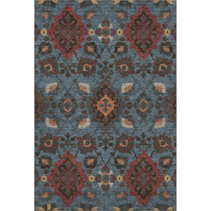 HomeRoots 5' X 8' Washable Denim Blue, Red & Salmon Oriental Area Rug - UV Protection & Stain Resistant Design! 678840