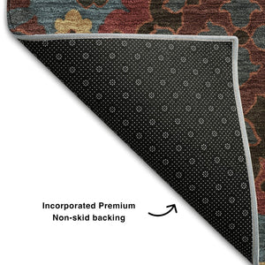HomeRoots 5' X 8' Washable Denim Blue, Red & Salmon Oriental Area Rug - UV Protection & Stain Resistant Design! 678840