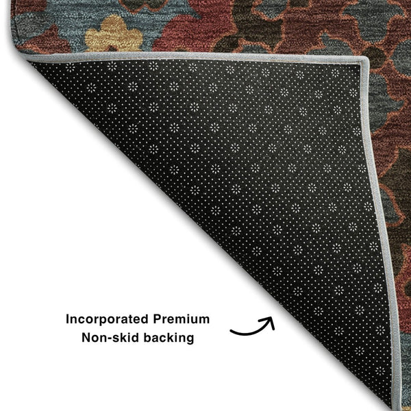 HomeRoots 5' X 8' Washable Denim Blue, Red & Salmon Oriental Area Rug - UV Protection & Stain Resistant Design! 678840