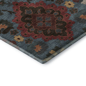 HomeRoots 5' X 8' Washable Denim Blue, Red & Salmon Oriental Area Rug - UV Protection & Stain Resistant Design! 678840