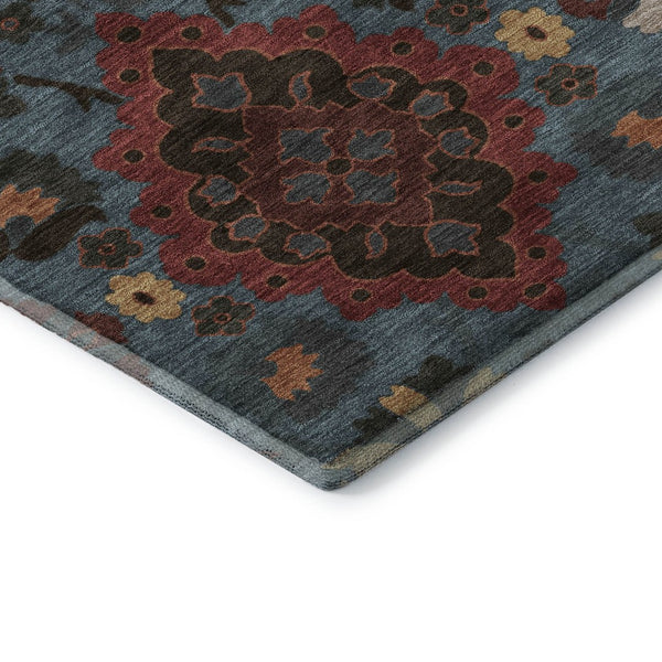 HomeRoots 5' X 8' Washable Denim Blue, Red & Salmon Oriental Area Rug - UV Protection & Stain Resistant Design! 678840