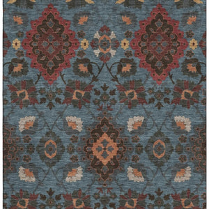 HomeRoots 5' X 8' Washable Denim Blue, Red & Salmon Oriental Area Rug - UV Protection & Stain Resistant Design! 678840