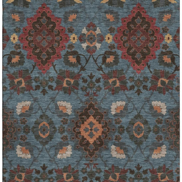 HomeRoots 5' X 8' Washable Denim Blue, Red & Salmon Oriental Area Rug - UV Protection & Stain Resistant Design! 678840