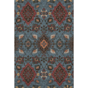 HomeRoots 5' X 8' Washable Denim Blue, Red & Salmon Oriental Area Rug - UV Protection & Stain Resistant Design! 678840