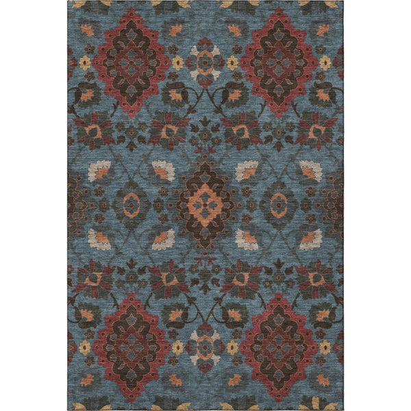 HomeRoots 5' X 8' Washable Denim Blue, Red & Salmon Oriental Area Rug - UV Protection & Stain Resistant Design! 678840